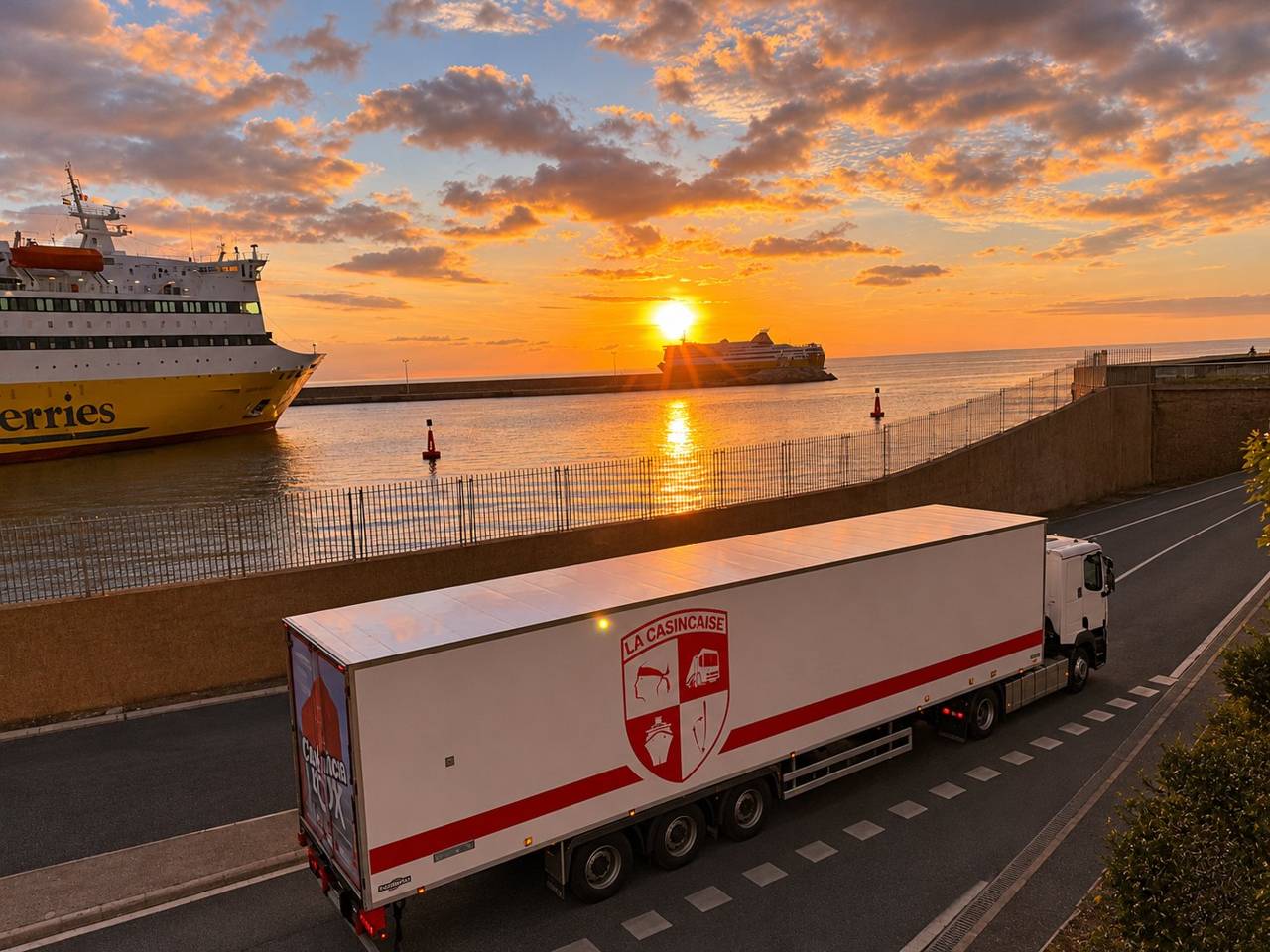 Semi-remorque La Casincaise sur le port au coucher du soleil, ferries en arrière-plan